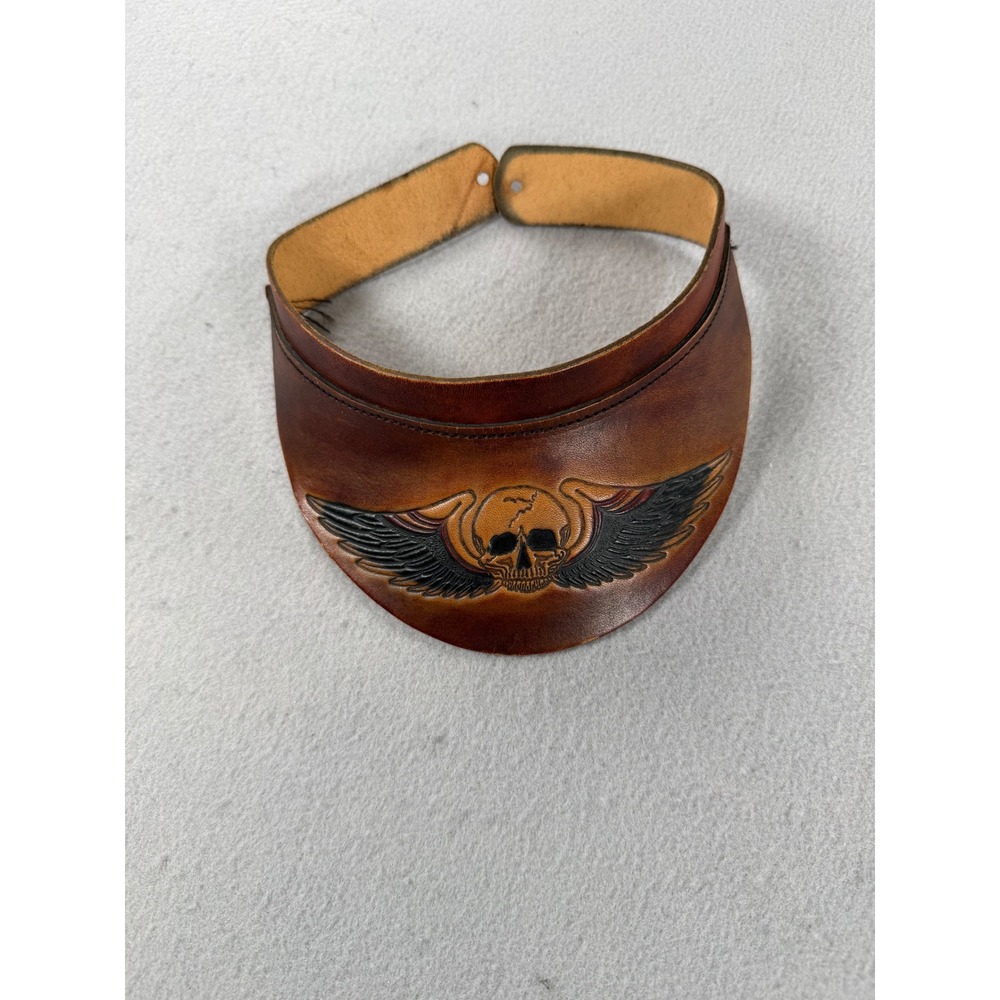 Vintage Brown Leather Winged Skull Sun Visor Biker Gothic Hand Tooled Hat
